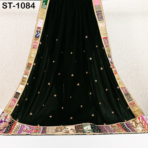 Velvet Shawl Green Designer Dupatta Vintage Hand Embroidered Border Gift Friend Indian Chunni Bridal Veil Lehenga Festival Punjabi Wedding