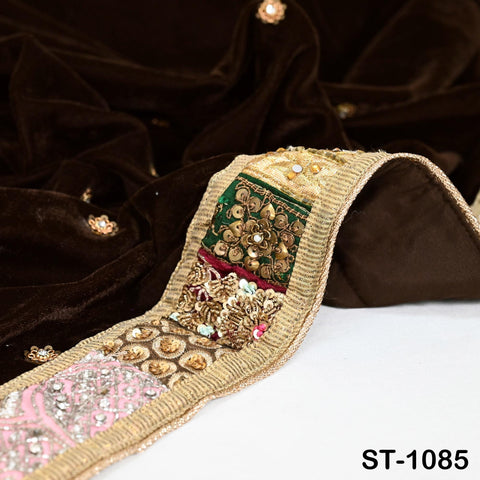 Velvet Shawl Brown Designer Dupatta Vintage Hand Embroidered Border Gift Friend Indian Chunni Bridal Veil Lehenga Festival Punjabi Wedding
