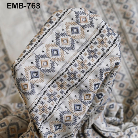 54" White Embroidery Fabric by the yard Sewing Crafting Indian Wedding Dress Costumes Bags Throw Pillow Home Decor