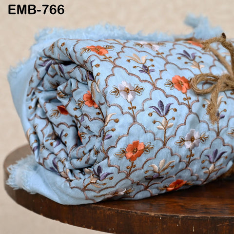 Blue Embroidery Fabric by the yard Sewing DIY Crafting Indian Wedding Dress Costumes Bag Throw Pillow Home Decor Embroidered Textiles Cloth