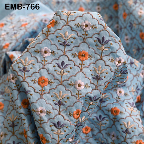 Blue Embroidery Fabric by the yard Sewing DIY Crafting Indian Wedding Dress Costumes Bag Throw Pillow Home Decor Embroidered Textiles Cloth