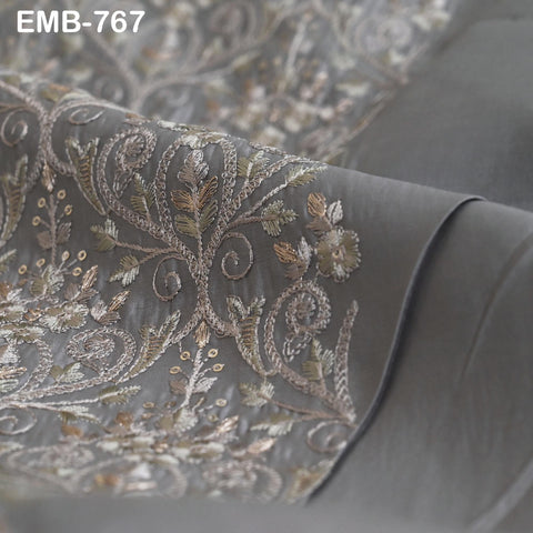 Grey Embroidered Fabric by the yard Embroidery Wedding Dresses Theatrical Historical Regency Reticules, Victorian Handbags Junk Journals