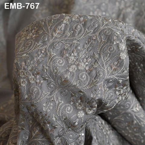 Grey Embroidered Fabric by the yard Embroidery Wedding Dresses Theatrical Historical Regency Reticules, Victorian Handbags Junk Journals