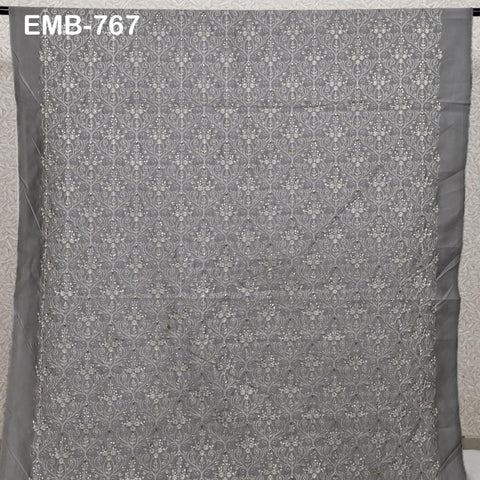 Grey Embroidered Fabric by the yard Embroidery Wedding Dresses Theatrical Historical Regency Reticules, Victorian Handbags Junk Journals