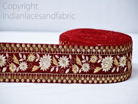 3 Yard Red 7cm Embroidered Velvet Fabric Trim Saree Ribbon Indian Sari Gold Crafting Sewing Border DIY Beach Bag Hats Cushions