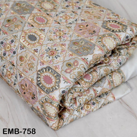 Ivory Embroidered Fabric by the yard Sewing DIY Crafting Indian Embroidery Wedding Dress Costumes Dolls Bags Cushion Covers Table Runners