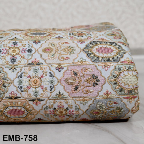 Ivory Embroidered Fabric by the yard Sewing DIY Crafting Indian Embroidery Wedding Dress Costumes Dolls Bags Cushion Covers Table Runners