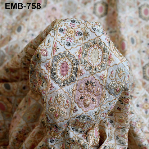 Ivory Embroidered Fabric by the yard Sewing DIY Crafting Indian Embroidery Wedding Dress Costumes Dolls Bags Cushion Covers Table Runners