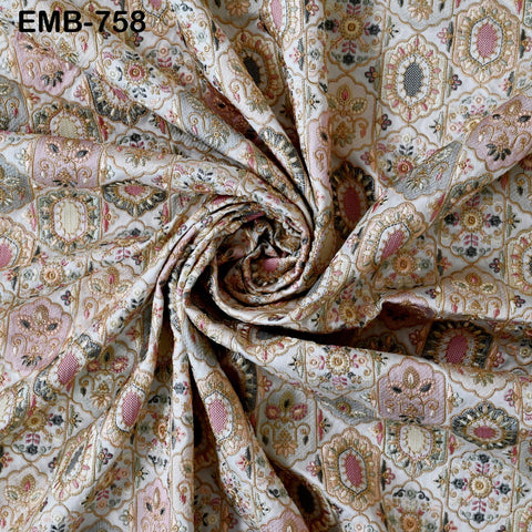 Ivory Embroidered Fabric by the yard Sewing DIY Crafting Indian Embroidery Wedding Dress Costumes Dolls Bags Cushion Covers Table Runners