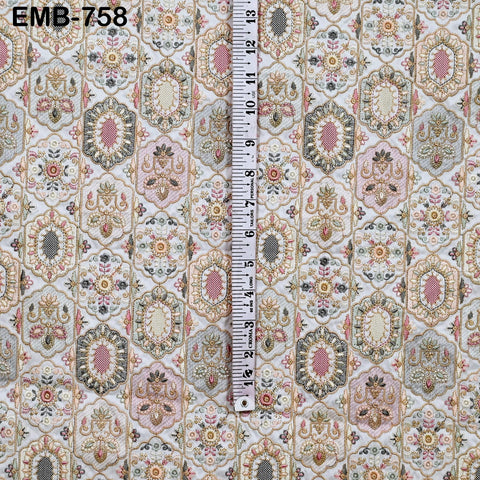 Ivory Embroidered Fabric by the yard Sewing DIY Crafting Indian Embroidery Wedding Dress Costumes Dolls Bags Cushion Covers Table Runners