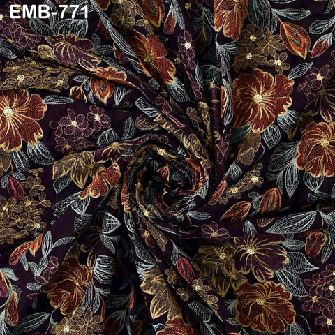 Indian Embroidery Fabric by the Yard Wine Georgette Embroidered Sewing DIY Crafting Summer Women Dress Material Textile Home Decor Curtains