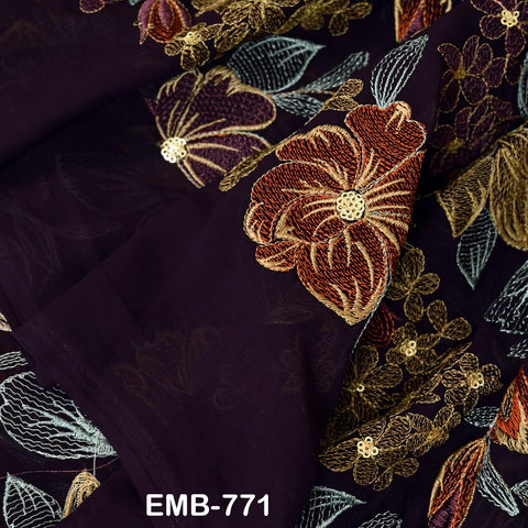 Indian Embroidery Fabric by the Yard Wine Georgette Embroidered Sewing DIY Crafting Summer Women Dress Material Textile Home Decor Curtains