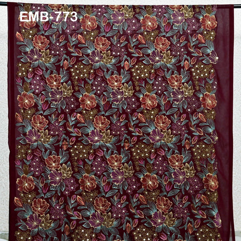 Indian Embroidery Fabric by the Yard Burgundy Georgette Embroidered Sewing Crafting Summer Women Dress Material Textile Home Decor Curtains