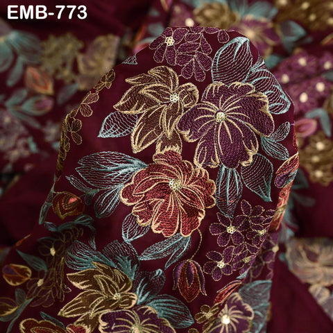 Indian Embroidery Fabric by the Yard Burgundy Georgette Embroidered Sewing Crafting Summer Women Dress Material Textile Home Decor Curtains