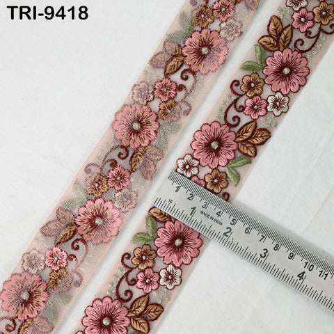 9 Yard Dusty Pink Embroidery Ribbon 4cm Trim Embroidered Indian Sari Embellishments Crafting Cat Dogs Collar Trimmings Headband Saree Border