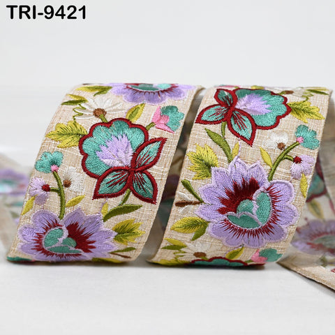 9 Yard Embroidery 5cm Ribbon Lavender Trim Tape Embellish Embroidered Saree Border Costume Crafting Sewing BeachBag Tote Pouche Wall Hanging