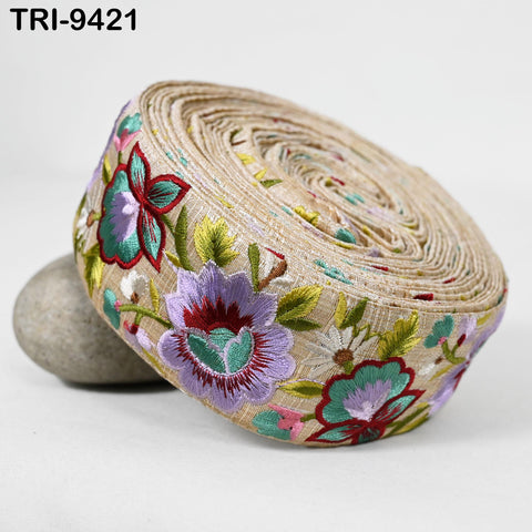 9 Yard Embroidery 5cm Ribbon Lavender Trim Tape Embellish Embroidered Saree Border Costume Crafting Sewing BeachBag Tote Pouche Wall Hanging