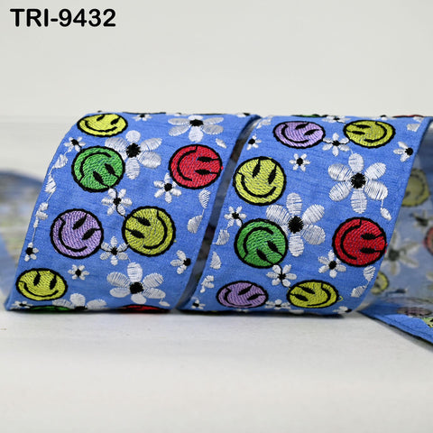 3 Yard Blue Smilely Embroidery Ribbon 6cm Indian Sari Border Embroidered DIY Crafting Sewing Junk Journals Kids Costumes Home Decor Trimming