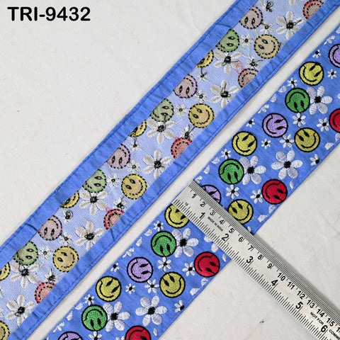 3 Yard Blue Smilely Embroidery Ribbon 6cm Indian Sari Border Embroidered DIY Crafting Sewing Junk Journals Kids Costumes Home Decor Trimming