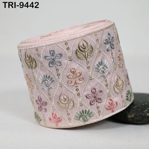 9 Yard Pink Embroidery Ribbon Trim 9 cm Saree Border DIY Crafting Sewing Throw Pillow Home Decor Embellishments Costumes Junk Journals