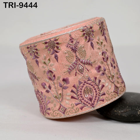 9 Yard Peach Embroidered Ribbons 10cm Trim Indian Embroidery Laces | Sari Border Saree | DIY Crafting Beach Bag Decorative Trimmings Tapes