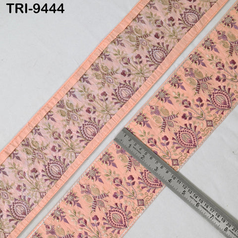 9 Yard Peach Embroidered Ribbons 10cm Trim Indian Embroidery Laces | Sari Border Saree | DIY Crafting Beach Bag Decorative Trimmings Tapes
