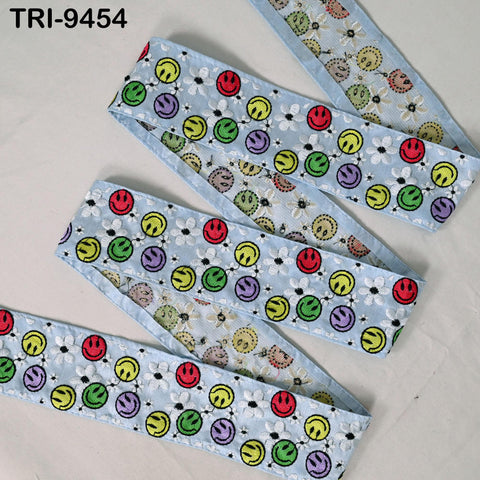 9 Yard Blue Smilely Embroidery Ribbon 6cm Indian Sari Border Embroidered DIY Crafting Sewing Junk Journals Kids Costumes Home Decor Trimming