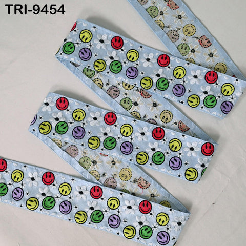 1 Meter Blue Smilely Embroidery Ribbon 6cm Indian Sari Border Embroidered Crafting Sewing Junk Journals Kids Costumes Home Decor Trimming