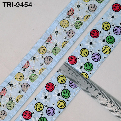 3 Yard Blue Smiley Embroidery Ribbon 6cm Indian Sari Border Embroidered DIY Crafting Sewing Junk Journals Kids Costumes Home Decor Trimming