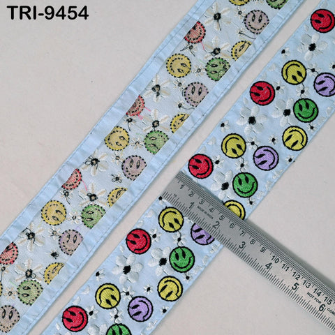 9 Yard Blue Smilely Embroidery Ribbon 6cm Indian Sari Border Embroidered DIY Crafting Sewing Junk Journals Kids Costumes Home Decor Trimming