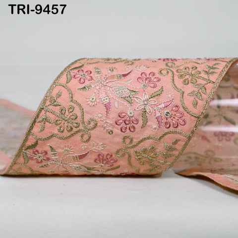 9 Yard Peach Embroidered Ribbons 10cm Trim Indian Embroidery Laces | Sari Border Saree | DIY Crafting Beach Bag Decorative Trimmings Tapes