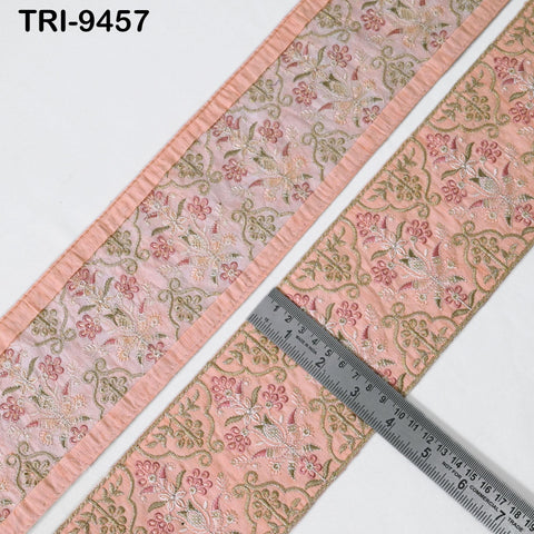 9 Yard Peach Embroidered Ribbons 10cm Trim Indian Embroidery Laces | Sari Border Saree | DIY Crafting Beach Bag Decorative Trimmings Tapes
