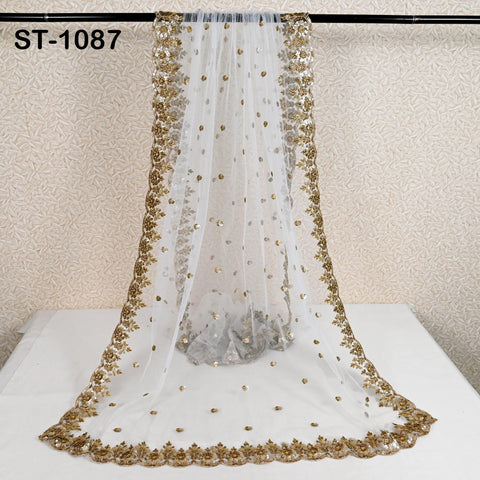 Gold Embroidered Dyeable Dupatta white Net Sequin Light Weight Stole 2.5 yards