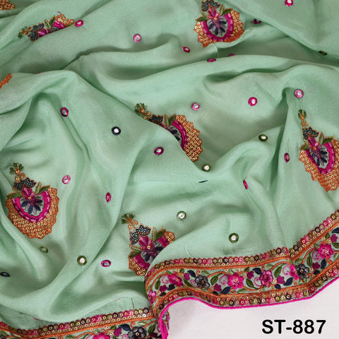 Shipped by Express! Green Embroidered Women Dupatta Chinon Chiffon fabric 2.5 Yard Long Bridal Veil Boho Lehenga Stole for Festival Gift Her
