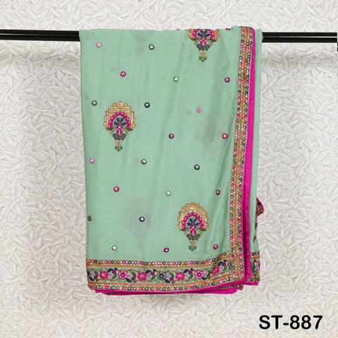 Shipped by Express! Green Embroidered Women Dupatta Chinon Chiffon fabric 2.5 Yard Long Bridal Veil Boho Lehenga Stole for Festival Gift Her