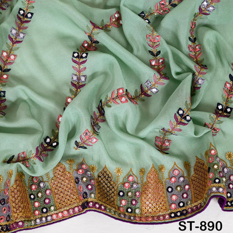 Mint Green Embroidered Chinon Chiffon Dupatta | 2.5 Yard Bridal Veil | Indian Wedding Stole | Lehenga Dupatta | Festival Wear Ethnic Chunni