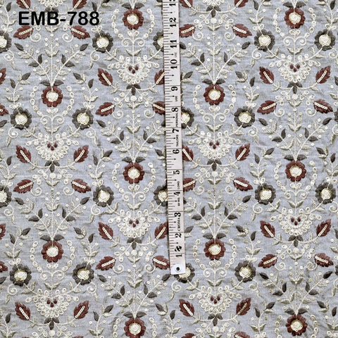 Grey Embroidered Fabric by the yard Embroidery Wedding Dresses Theatrical Historical Regency Reticules, Victorian Handbags Junk Journals