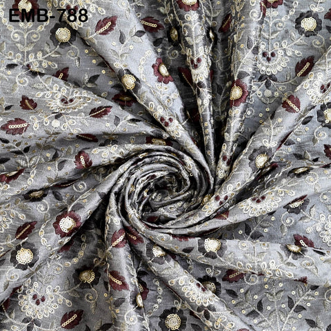 Grey Embroidered Fabric by the yard Embroidery Wedding Dresses Theatrical Historical Regency Reticules, Victorian Handbags Junk Journals