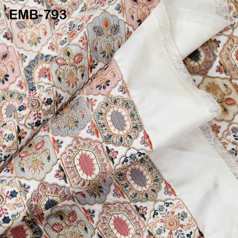 Ivory Embroidered Fabric by the yard Sewing DIY Crafting Indian Embroidery Wedding Dress Costumes Dolls Bags Cushion Covers Table Runners