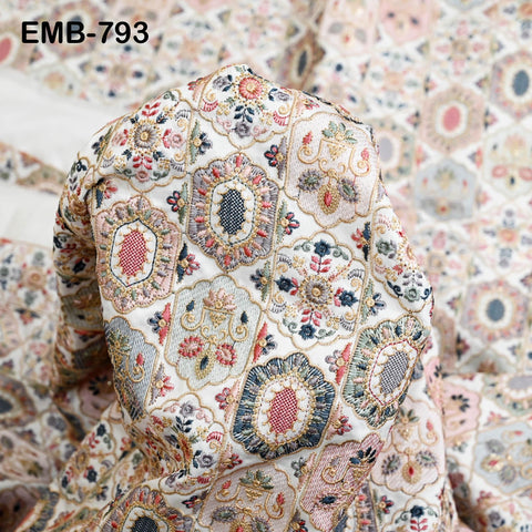 Ivory Embroidered Fabric by the yard Sewing DIY Crafting Indian Embroidery Wedding Dress Costumes Dolls Bags Cushion Covers Table Runners