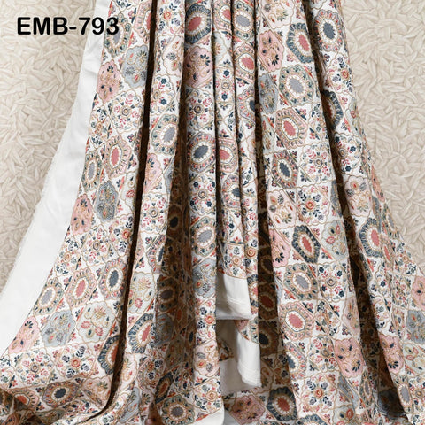 Ivory Embroidered Fabric by the yard Sewing DIY Crafting Indian Embroidery Wedding Dress Costumes Dolls Bags Cushion Covers Table Runners