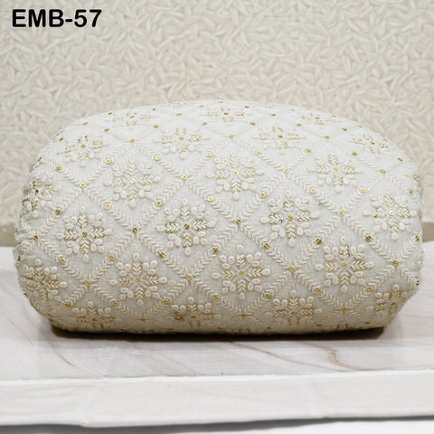 54'' Indian Ivory Georgette Sequined Embroidered Fabric by the Yard Wedding Dress Sequin Saree Crafting Sewing Costumes Dyeable Chikankari