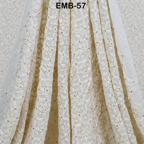 54'' Indian Ivory Georgette Sequined Embroidered Fabric by the Yard Wedding Dress Sequin Saree Crafting Sewing Costumes Dyeable Chikankari