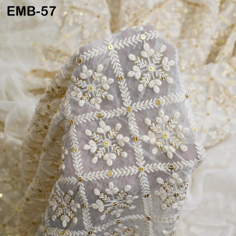 54'' Indian Ivory Georgette Sequined Embroidered Fabric by the Yard Wedding Dress Sequin Saree Crafting Sewing Costumes Dyeable Chikankari