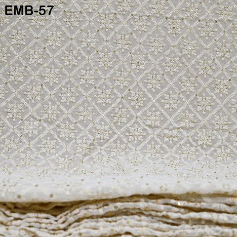 54'' Indian Ivory Georgette Sequined Embroidered Fabric by the Yard Wedding Dress Sequin Saree Crafting Sewing Costumes Dyeable Chikankari