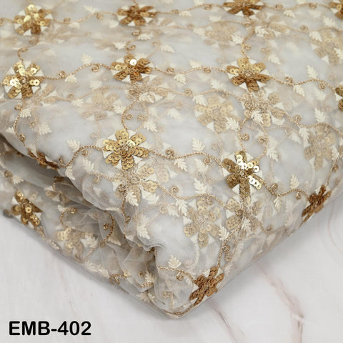 Ivory Net Embroidery Fabric by the Yard Sequin Bridal Wedding Dress Veil Embroidered Indian Saree DIY Dupatta Crafting Sewing Costumes Doll