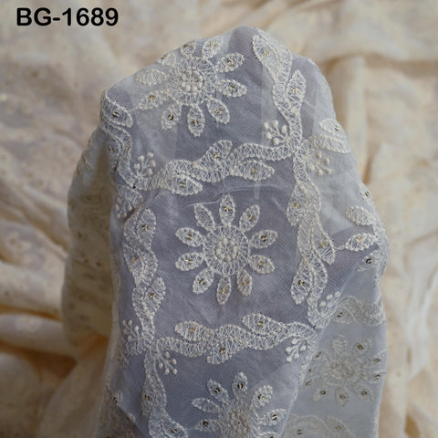 54'' Dyeable Ivory Georgette Sequined Wedding Dress Embroidered Fabric by the Yard Indian Sequin Saree Crafting Sewing Costumes chikankari