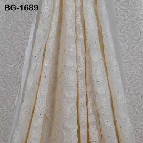 54'' Dyeable Ivory Georgette Sequined Wedding Dress Embroidered Fabric by the Yard Indian Sequin Saree Crafting Sewing Costumes chikankari