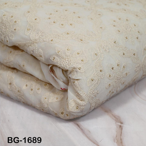 54'' Dyeable Ivory Georgette Sequined Wedding Dress Embroidered Fabric by the Yard Indian Sequin Saree Crafting Sewing Costumes chikankari