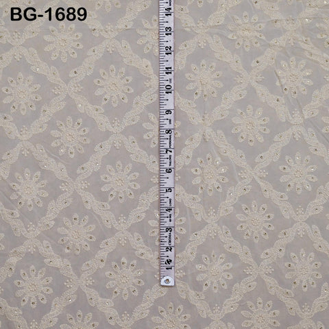 54'' Dyeable Ivory Georgette Sequined Wedding Dress Embroidered Fabric by the Yard Indian Sequin Saree Crafting Sewing Costumes chikankari